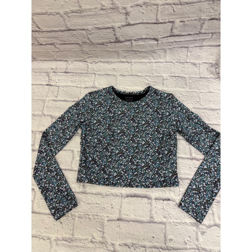 Matteau Floral Long Sleeve Crop Tankini Swim Top Blue Ditsy Print Size US 8